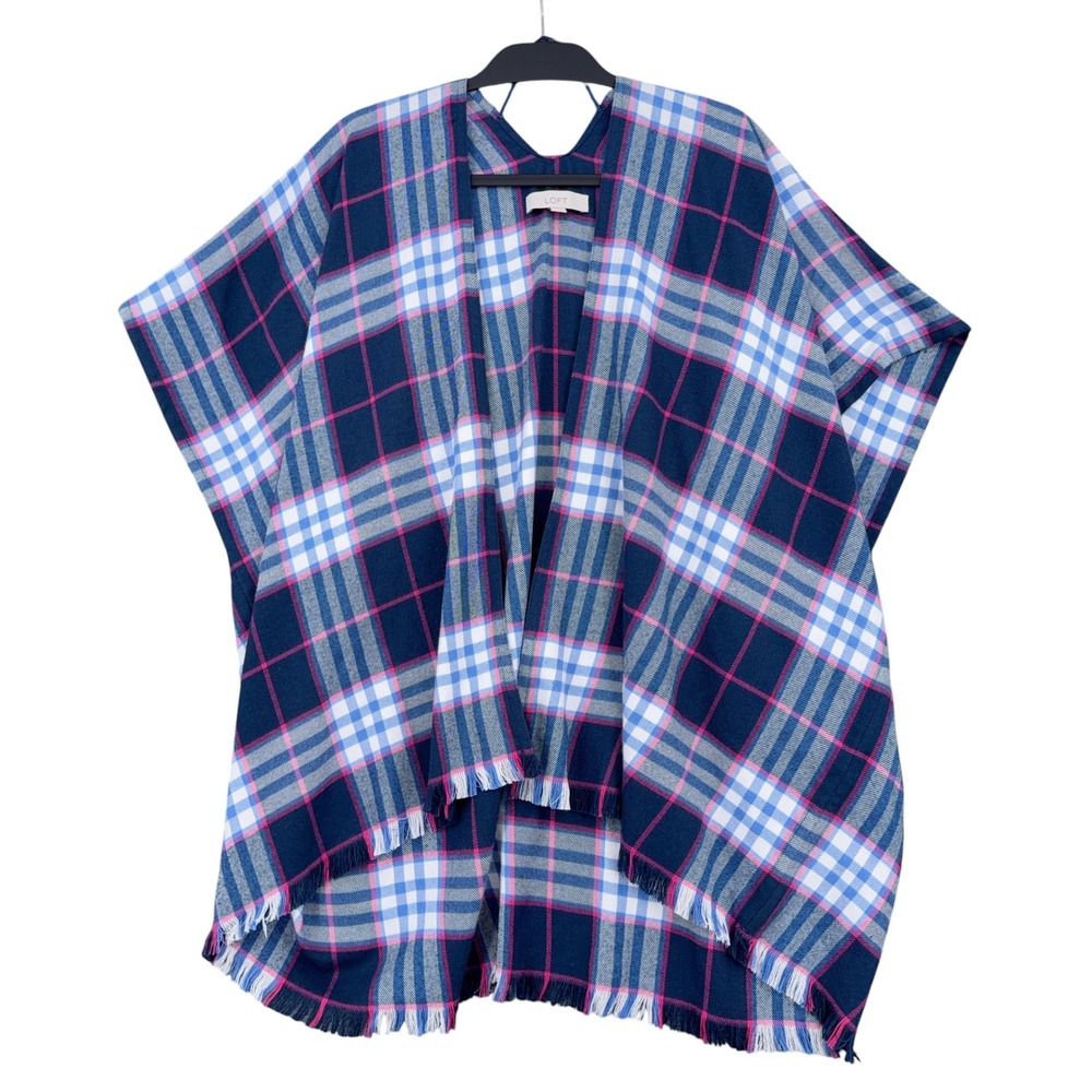 LOFT Plaid Poncho Wrap Women M/L Polyester Rayon Navy Blue Pink